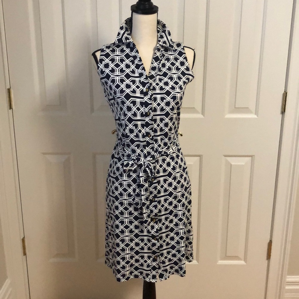 COPY - EUC collared sleeveless button down shirt dress navy/ white with belt -